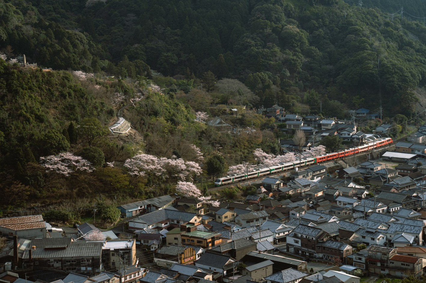 電車の走る内山の風景